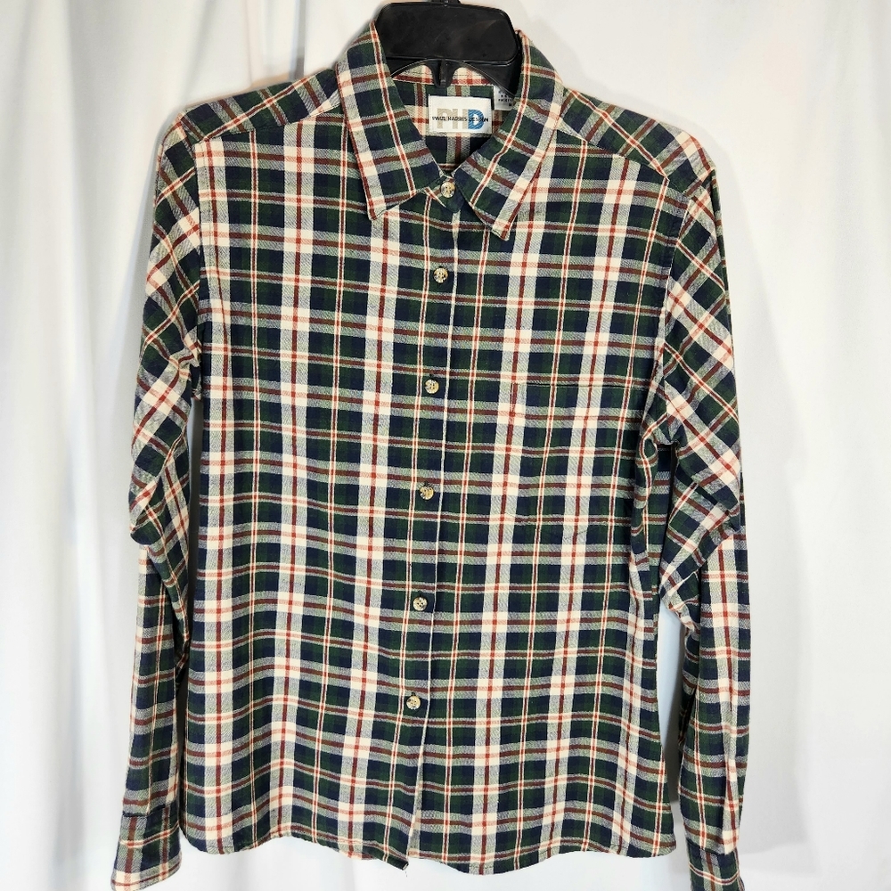 Paul Harris Design NWOT Green White & Red Plaid Button Down Flannel Top Sz Small